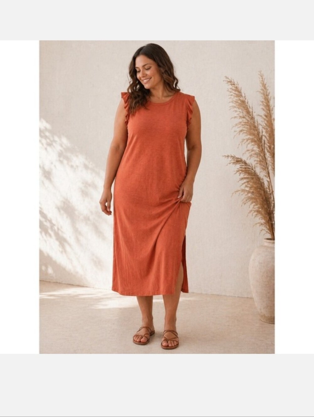 NEW Universal Thread T-Shirt Dress Women XXL Rust Ruffle Shoulder Midi - Picture 1 of 10